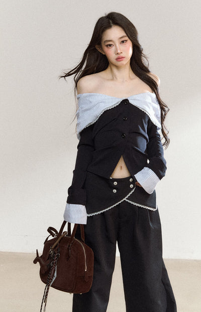 Off Shoulder Splicing Lapel Top/Wide-leg Pants SHI0207