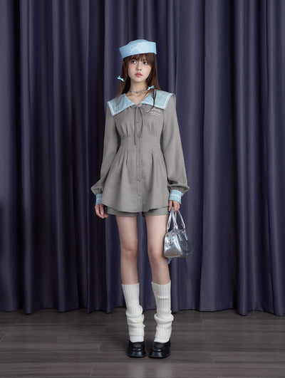 Gray-blue Sailor Collar Waist Dress/Shorts SAG0191