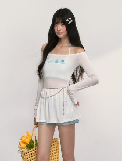 One-shoulder Tulle Sunscreen T-shirt WEE0014
