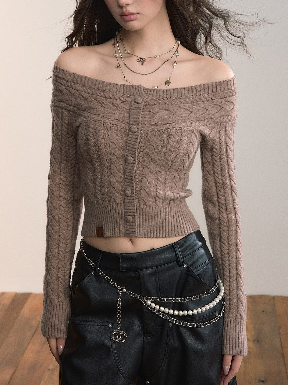Off-shoulder Round Neck Short Cable Sweater VIA0372
