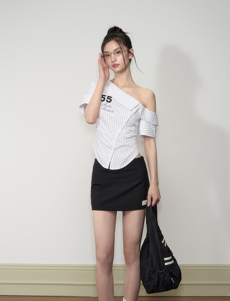 Casual Oblique Shoulder Striped Shirt SOO0012