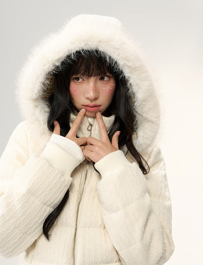 Cable Knit Patchwork Fur Collar Down Jacket NTO0249