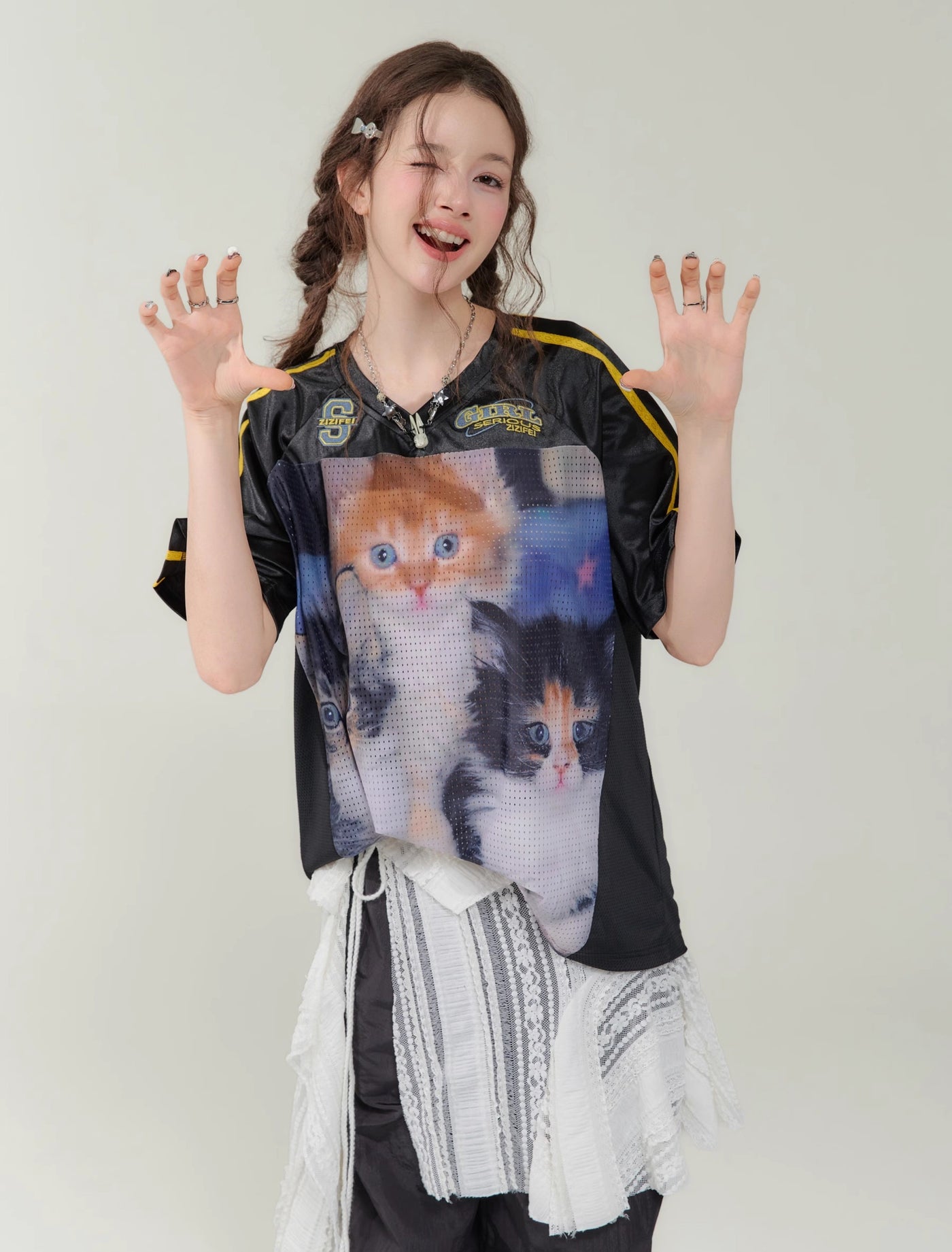 Cat Print Loose V-neck Quick-drying Short-sleeved T-shirt ZIZ0144