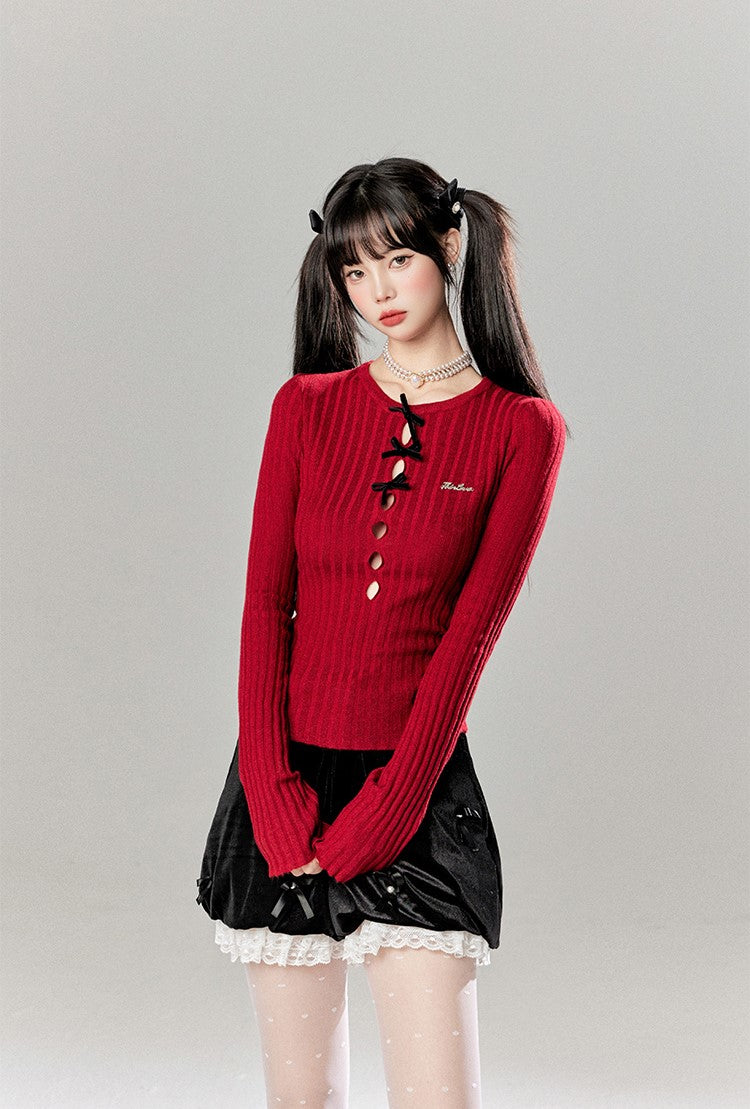 Hollow Long Sleeve Round Neck Bow Knitted Sweater/Skirt TBI0051