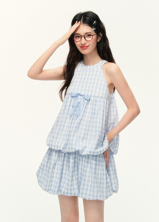 Plaid Pleated Blue Sleeveless Dress NTO0095