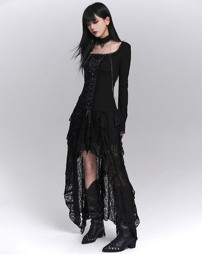 Black Artistic Irregular Hem Lace Skirt LAD0246