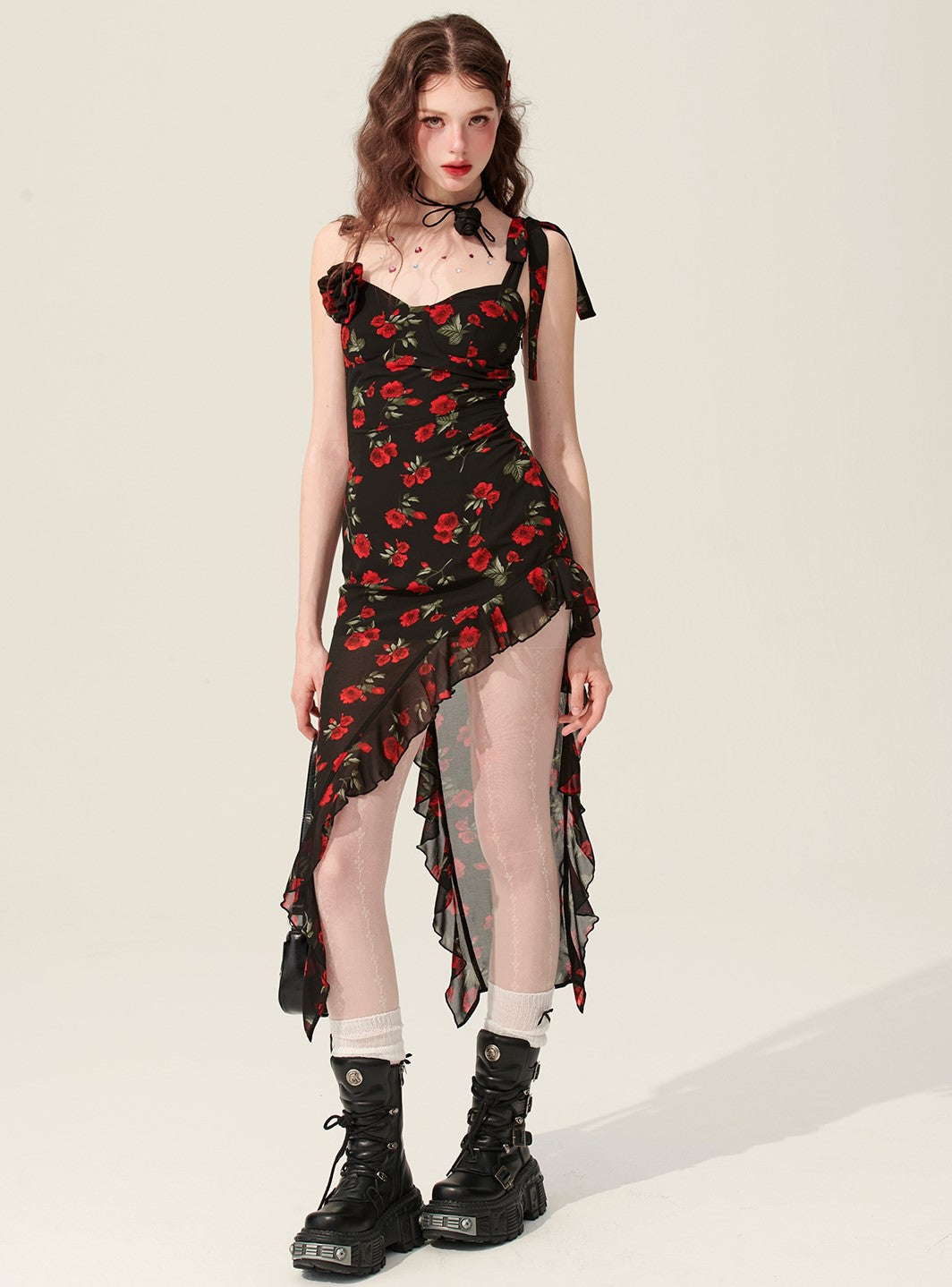 Black Amber Floral Ruffle Irregular Suspender Dress DIA0172