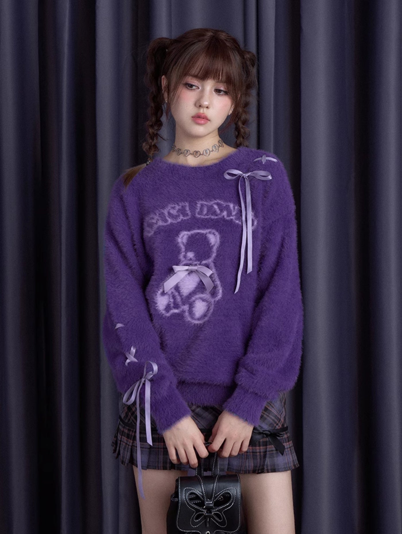 Purple Plush Bear Ribbon Sweater SAG0194