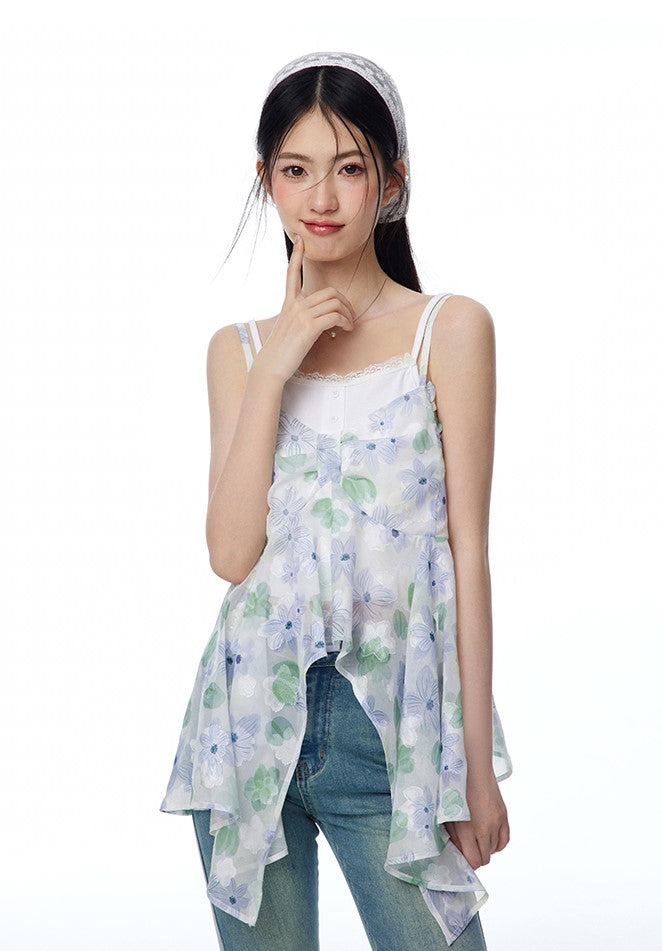 Blue And Green Flower-cut Suspender Bow Top/White Camisole NTO0116