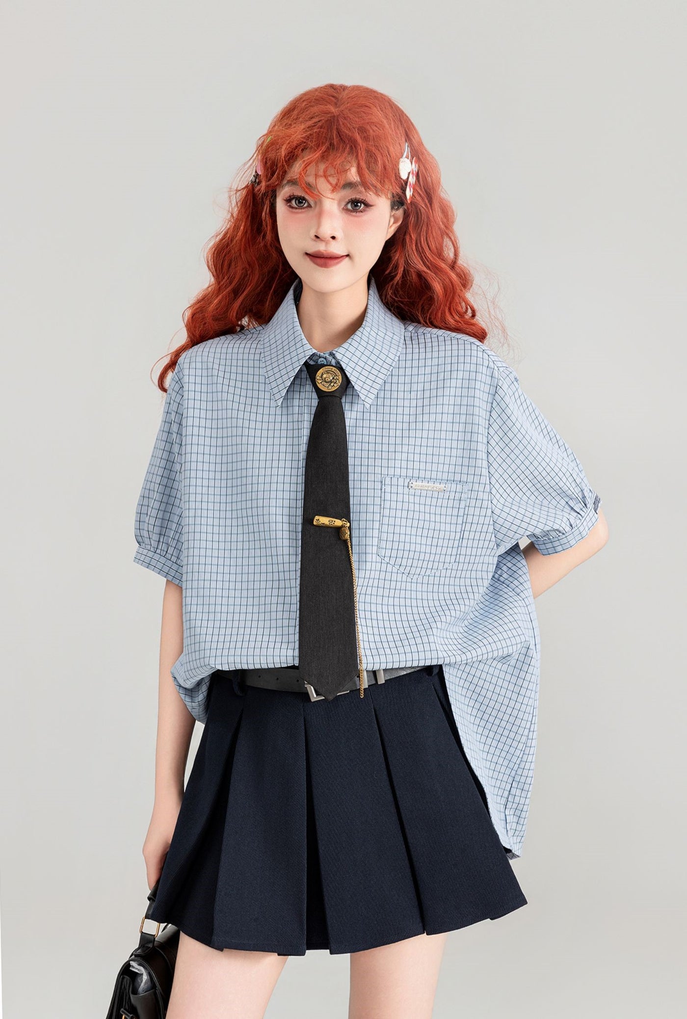 Blue Plaid Short-sleeved Shirt/Pleated Skirt/Black Tie KEI0091