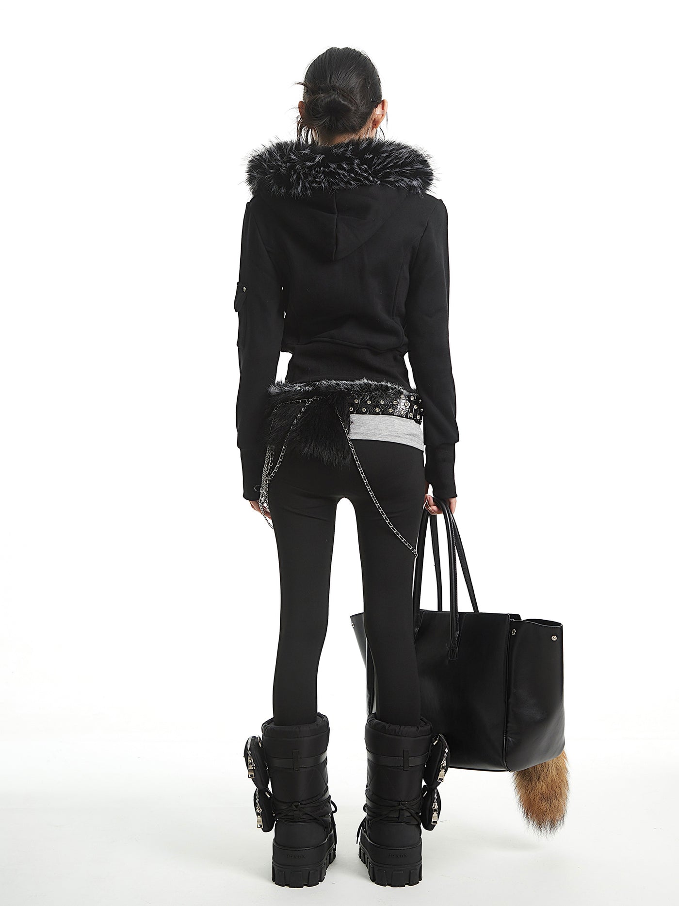 Black Fur-Collar Hooded Sweatshirt Short Jacket UNC0325