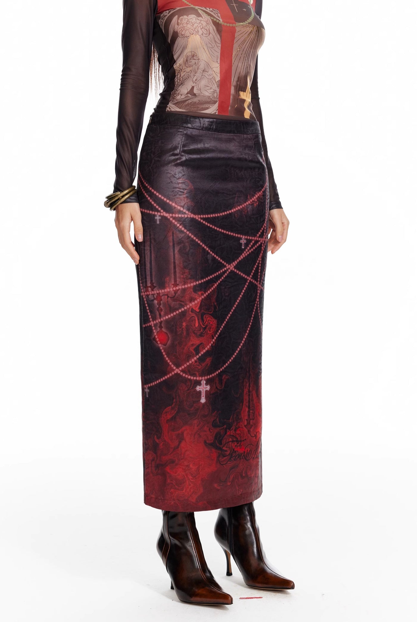 Flame Oil Painting Print Medium-length Straight Skirt 4MU0087