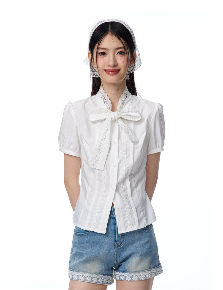 White Lace Bow Short-sleeved Shirt NTO0097