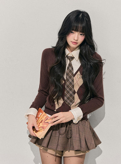 Faux Two-Piece Diamond Pattern Sweater DIA0747