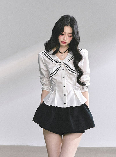 Lace Bow Navy Collar Shirt DIA0554