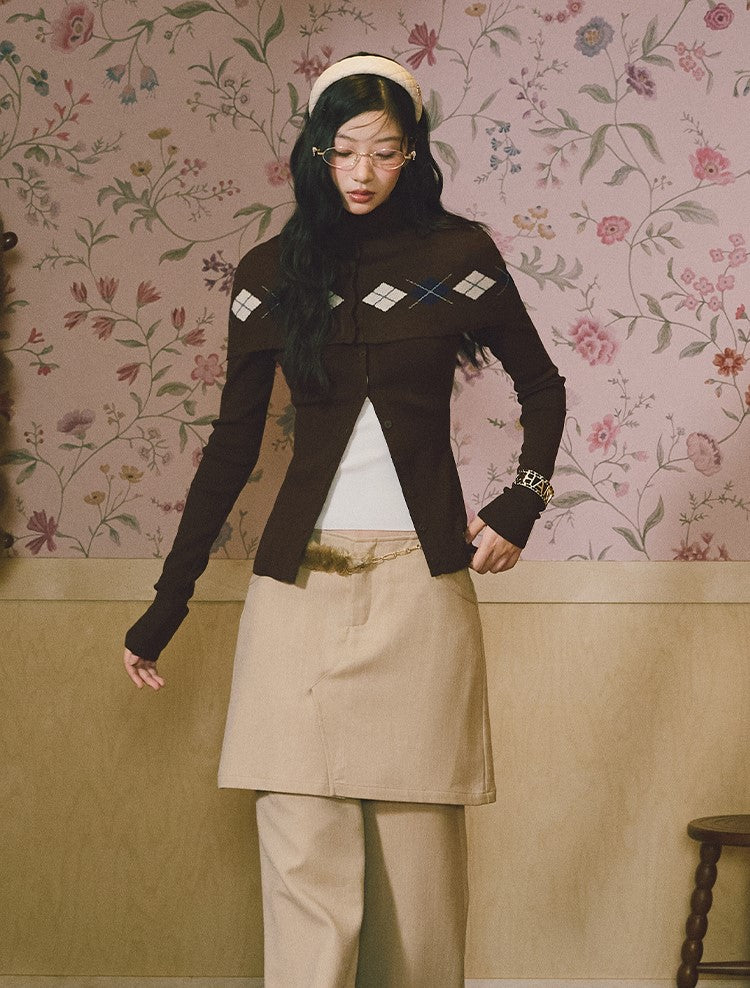 Argyle Design Long-Sleeved Knitted Cardigan LAL0230