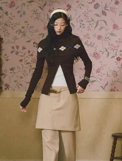 Argyle Design Long-Sleeved Knitted Cardigan LAL0230
