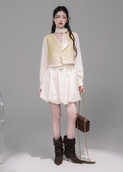 Custard Vest/Lace White Shirt Dress COT0336
