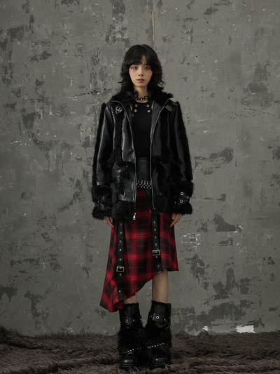 Punk Star Pocket Fur Patchwork Coat FRU0046