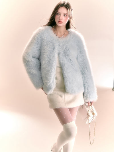 Luxury Wear Small Imitation Fur Blue Short Coat QDQ0104