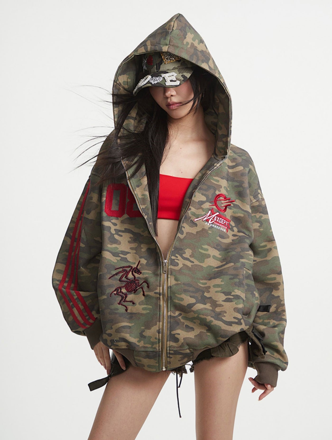 Camouflage Hooded Lazy Zipper Jacket UNC0255