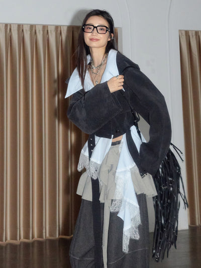 Off-Shoulder Faux Two-Piece Lace Short Jacket JNY0270