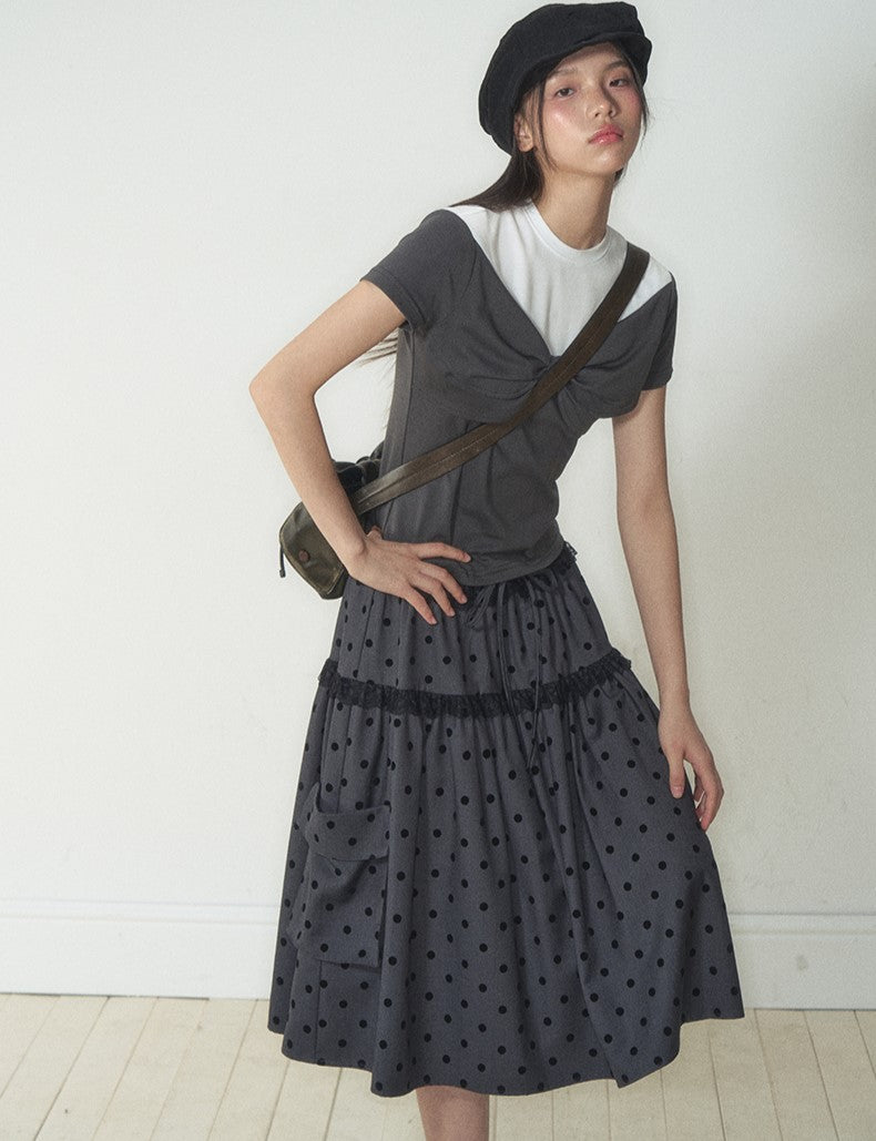 Gray Polka Dot Pocket Midi Skirt SOO0013