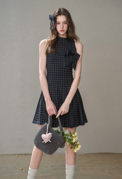 Bow Halter Neck Plaid Pleated Dress GRO0175