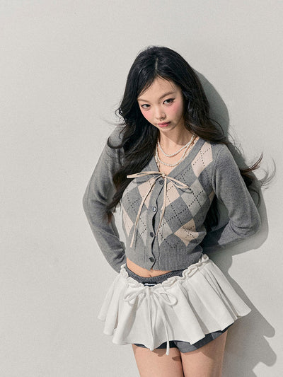 French Argyle Knitted Short Cardigan DIA0763