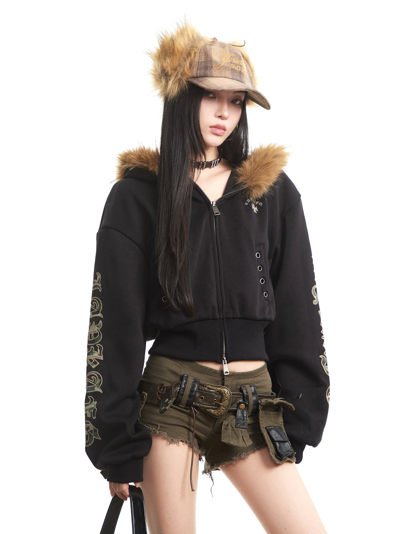 Fur Collar Long-Sleeve Hooded Sweatshirt Jacket UNC0320