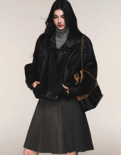 Black Lapel Leather Jacket LUL0212