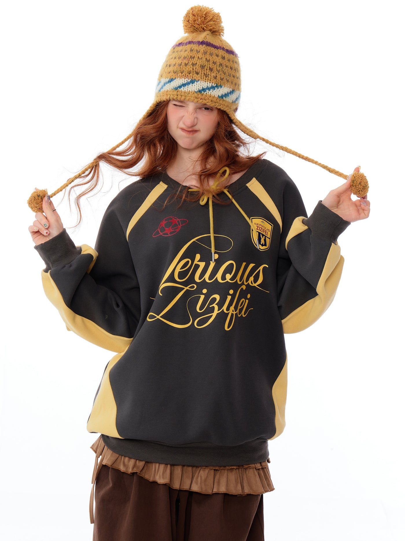 Amerikaanse Retro High-end Contrast <tc>Color</tc> Stiksels Letters Los Sweatshirt ZIZ0184