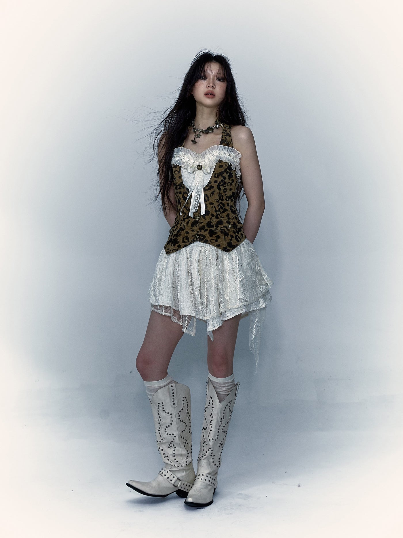 Punk Ballet Style Leopard Print Irregular Fake Two-piece Alter Neck Dress NOR0051