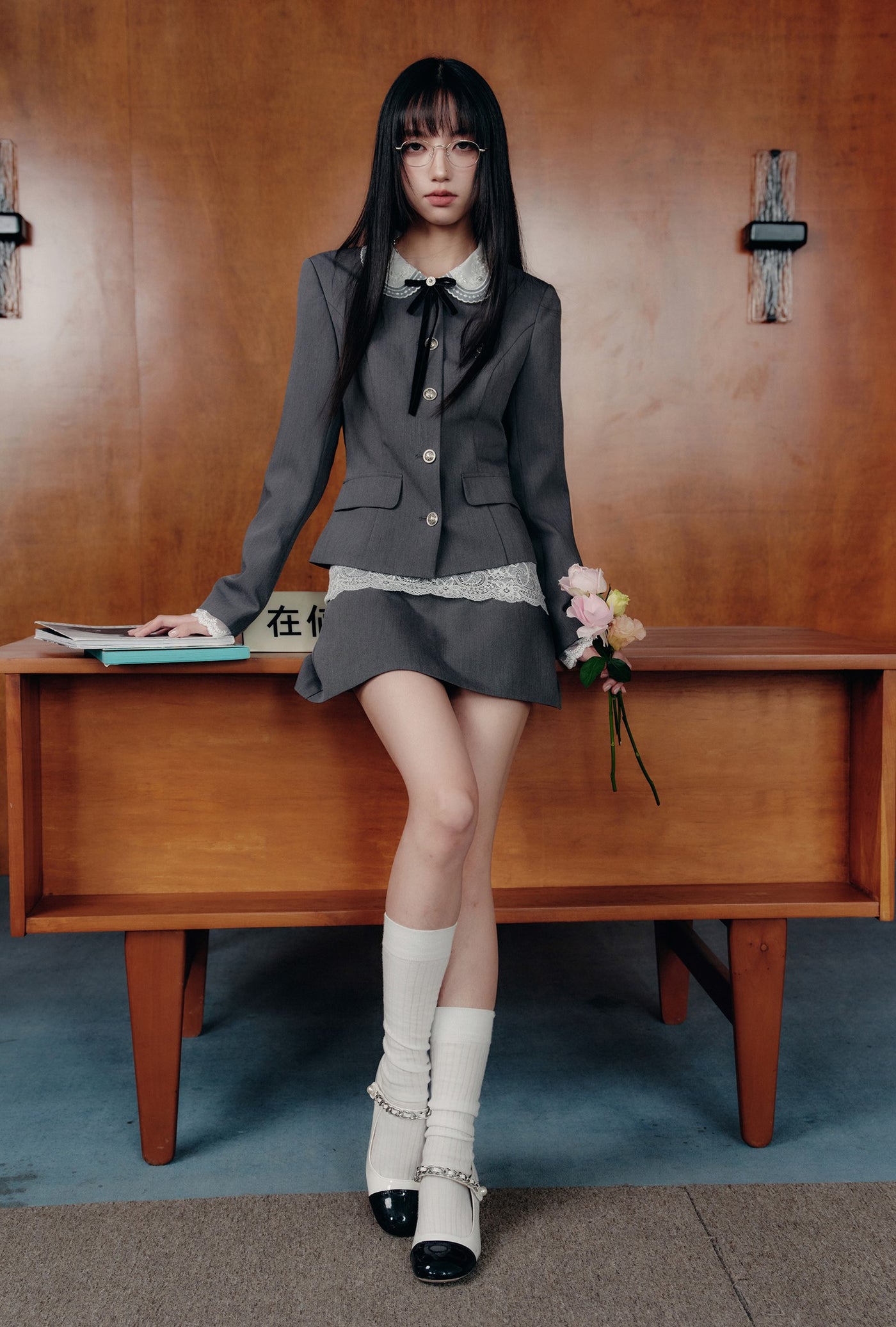 Gray Lace Suit Bow Jacket/Skirt/T-shirt FRA0436
