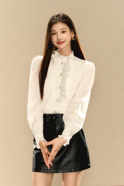 French Satin Textured Puff Sleeve Ruffle Design Shirt OSH0072