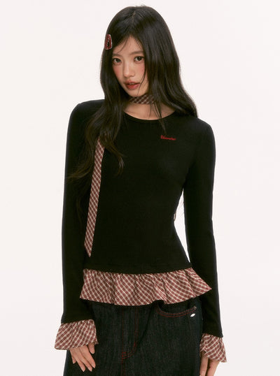 Plaid Tie-Waist Ruffled Long-Sleeved Sweater WEE0133