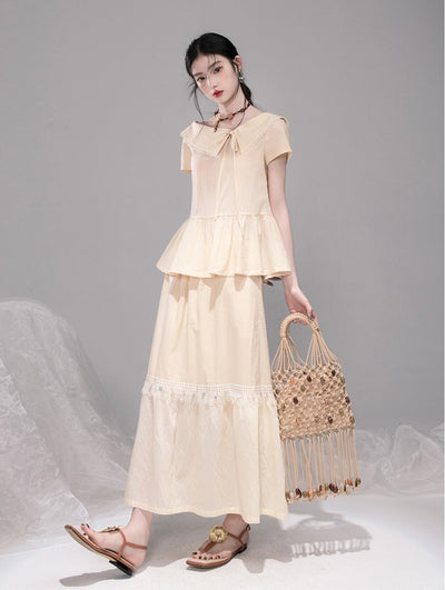 Cream Lapel Short Sleeve Top/Skirt COT0324