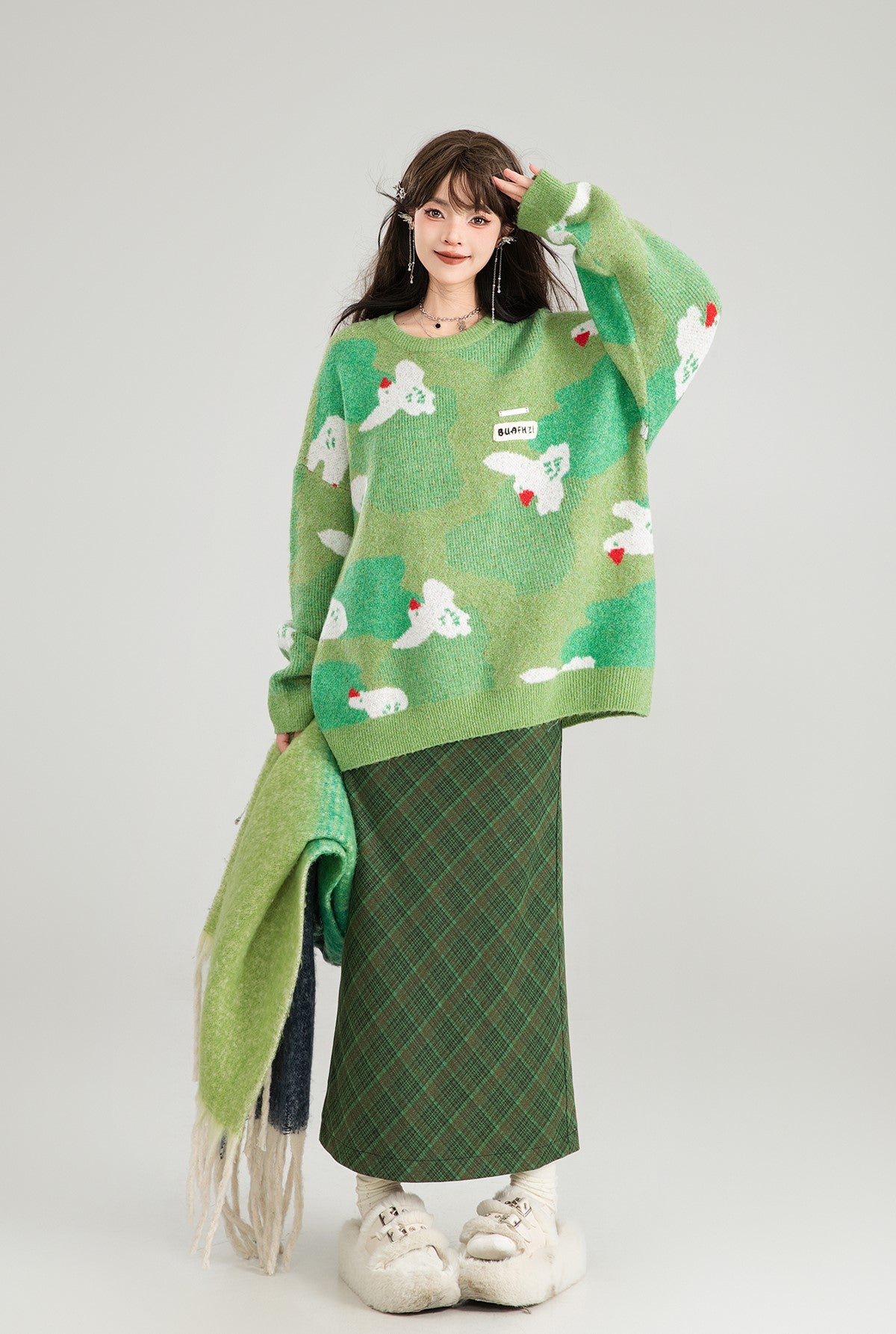 Chick Jacquard Lazy Style Green Sweater KEI0177