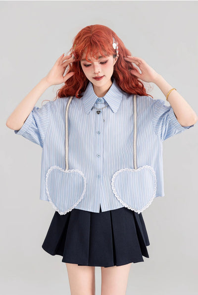 Blue Striped Heart-Shaped Pocket Short-Sleeved Shirt/Skirt KEI0087