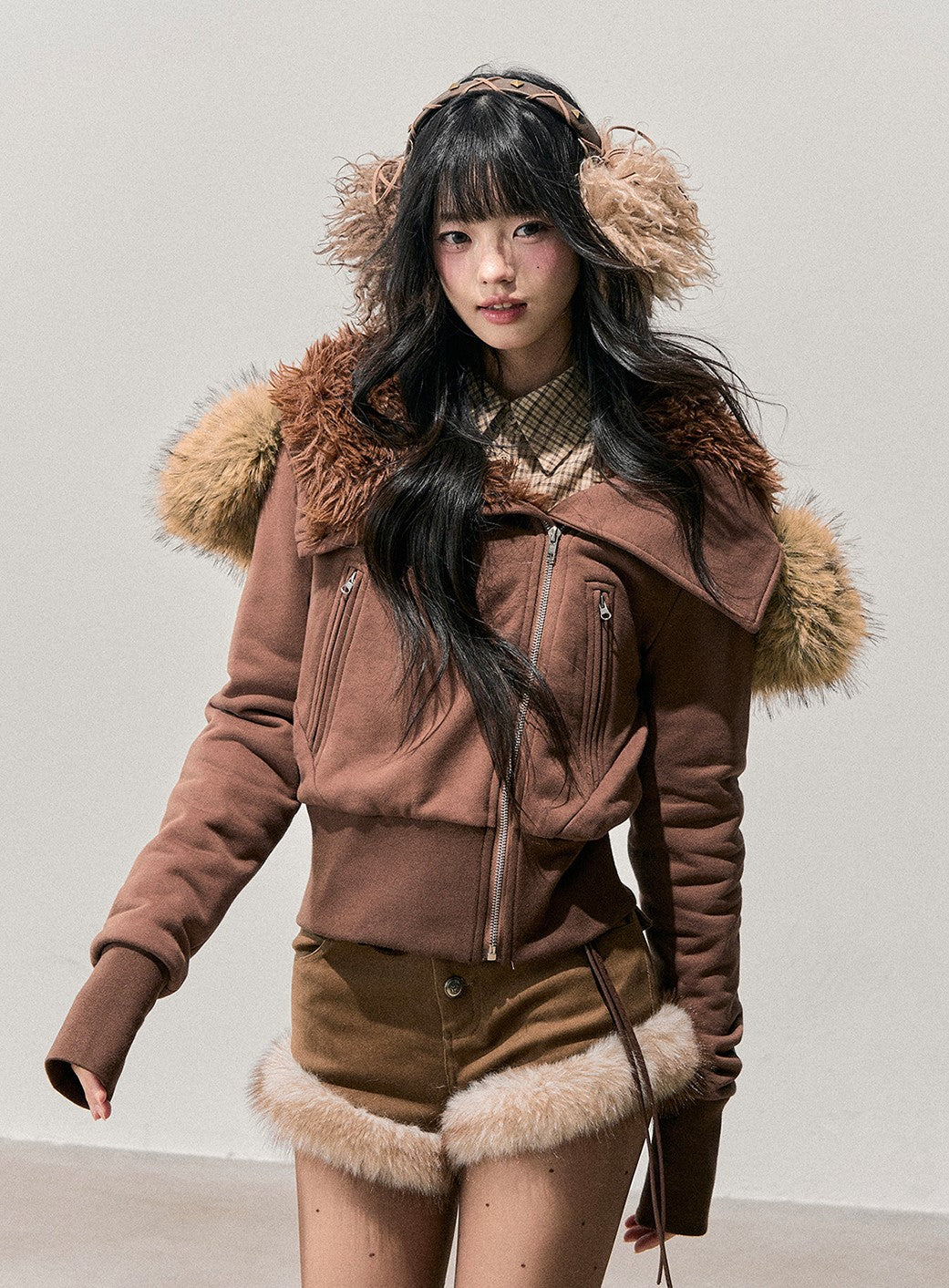 Brown Detachable Shearling Collar Jacket DIA0752