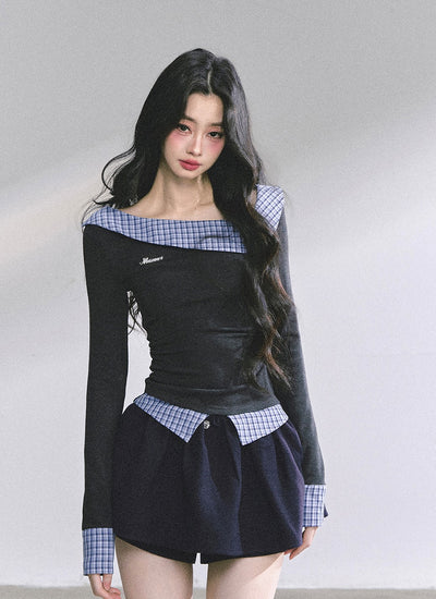 Fake Two-Piece Off-Shoulder Plaid T-Shirt DIA0575