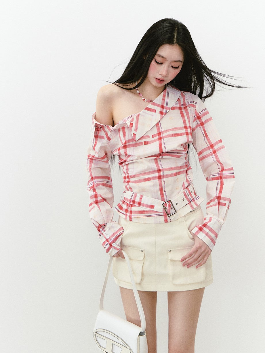 Off-shoulder Belt Plaid Shirt VIA0266