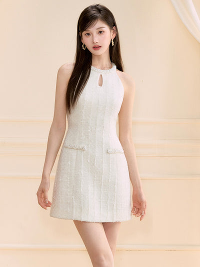 White Halter Neck Beaded Dress OSH0134