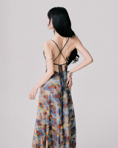Floral Print Backless Long Dress LUL0154