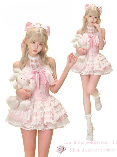 Sweetheart Pink Bow Dress/White Pannier SER0176