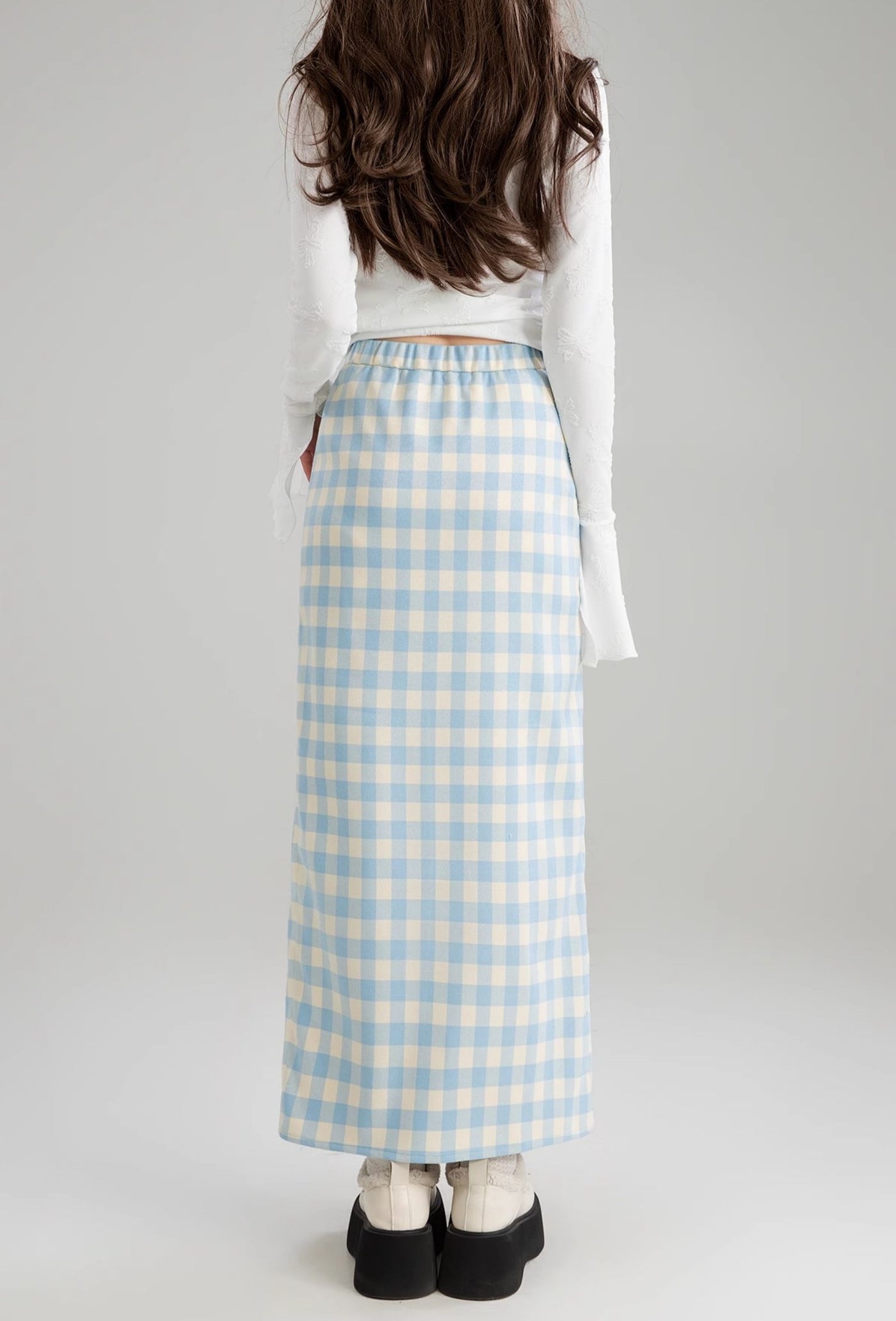 Blue And White Plaid French Short Jacket/Slit Skirt KEI0169