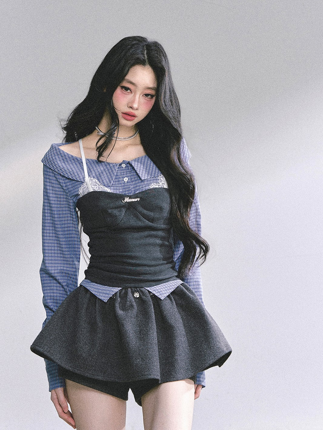 Fake Two-piece Plaid Lace Shirt DIA0573
