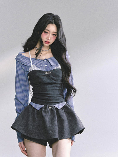 Fake Two-piece Plaid Lace Shirt DIA0573