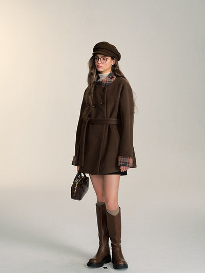 Retro Double-breasted Mid-length Coffee-colored Woolen Coat QDQ0085