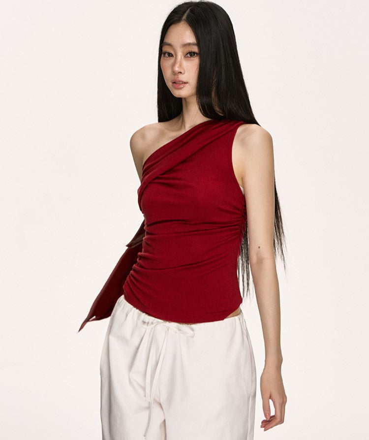 Irregular Oblique Shoulder Ribbon Red Top ANA0013